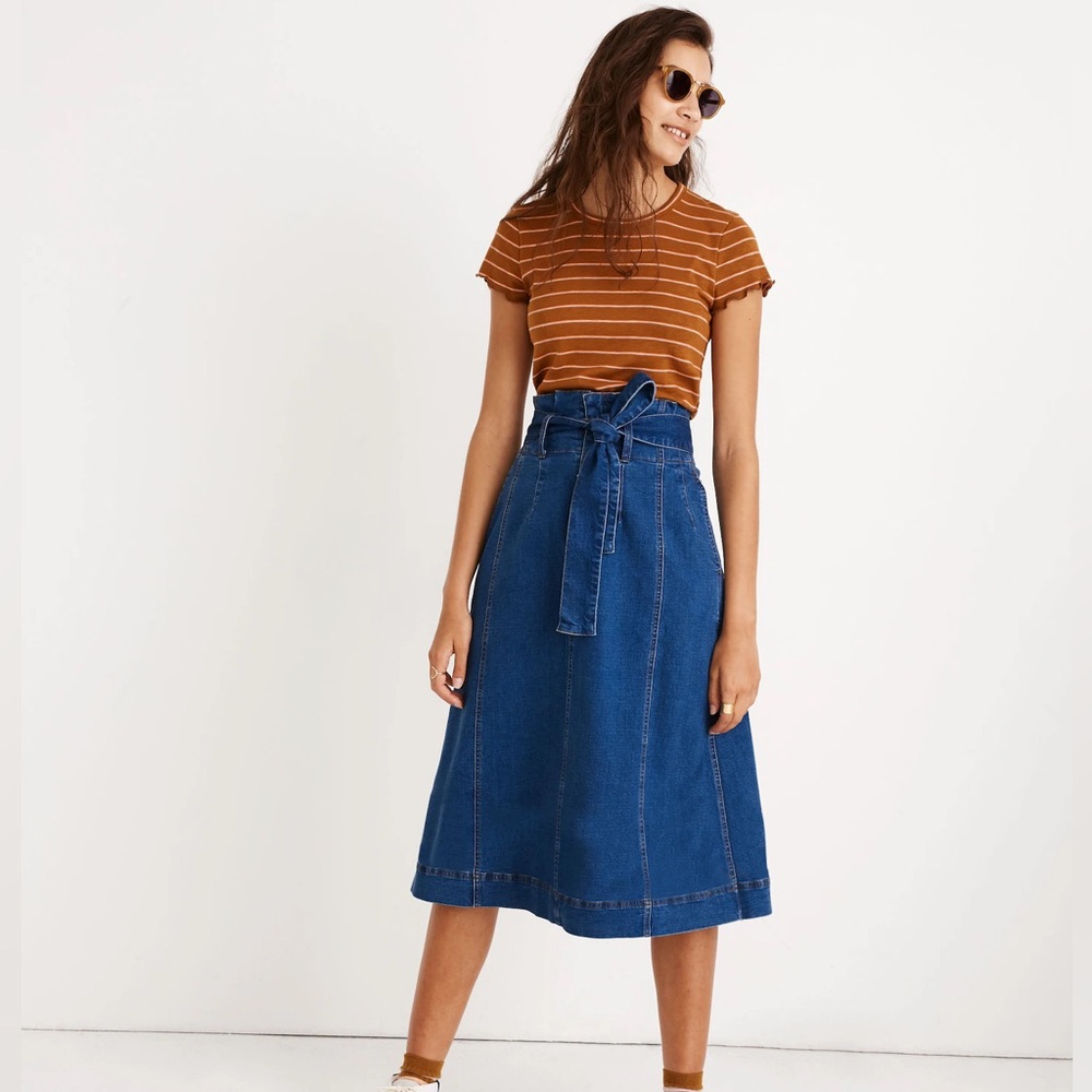 Stretch Denim Paperbag Midi Skirt in Indigo Wash SIZE 4